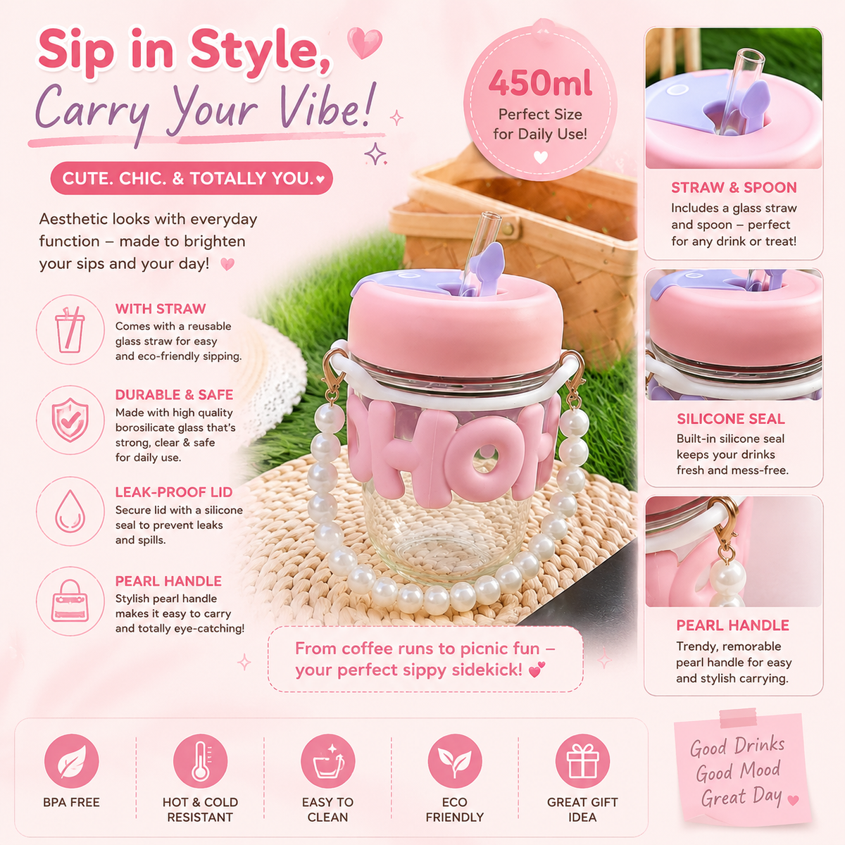 Aurevia Premium Pearl Handle Glass Tumbler ⭐